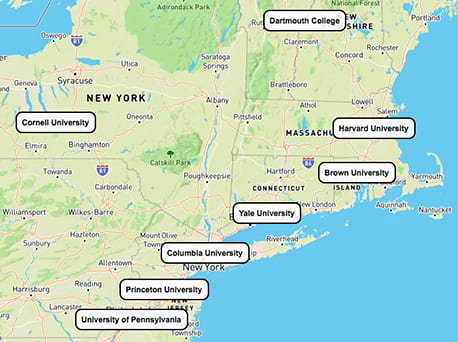 Carte des universités de la côte Est des Etats-Unis