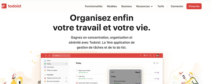 Capture écran de la page d'accueil du site "todoist.com".